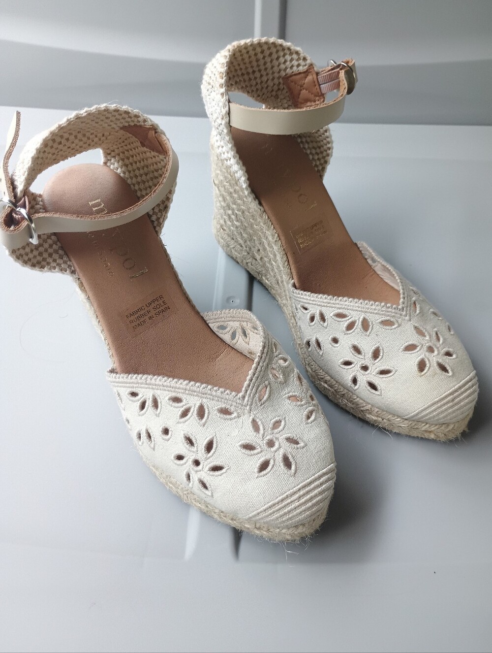 Cream-colored Maypol Beige Eyelet Canvas Espadrille Wedge Sandals Made in Spain